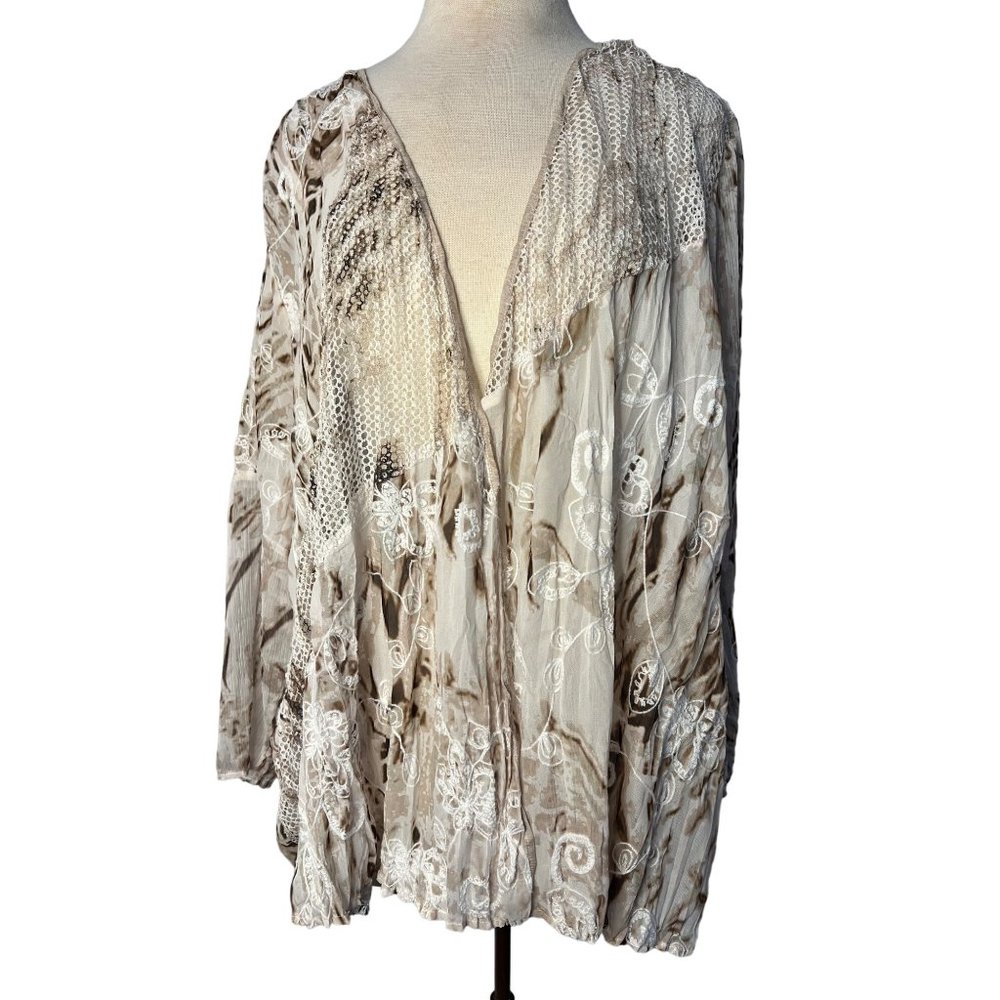 Travelers collection by Chicos 3/US-L16-18 Cardigan Open Front Brown Cream Embro